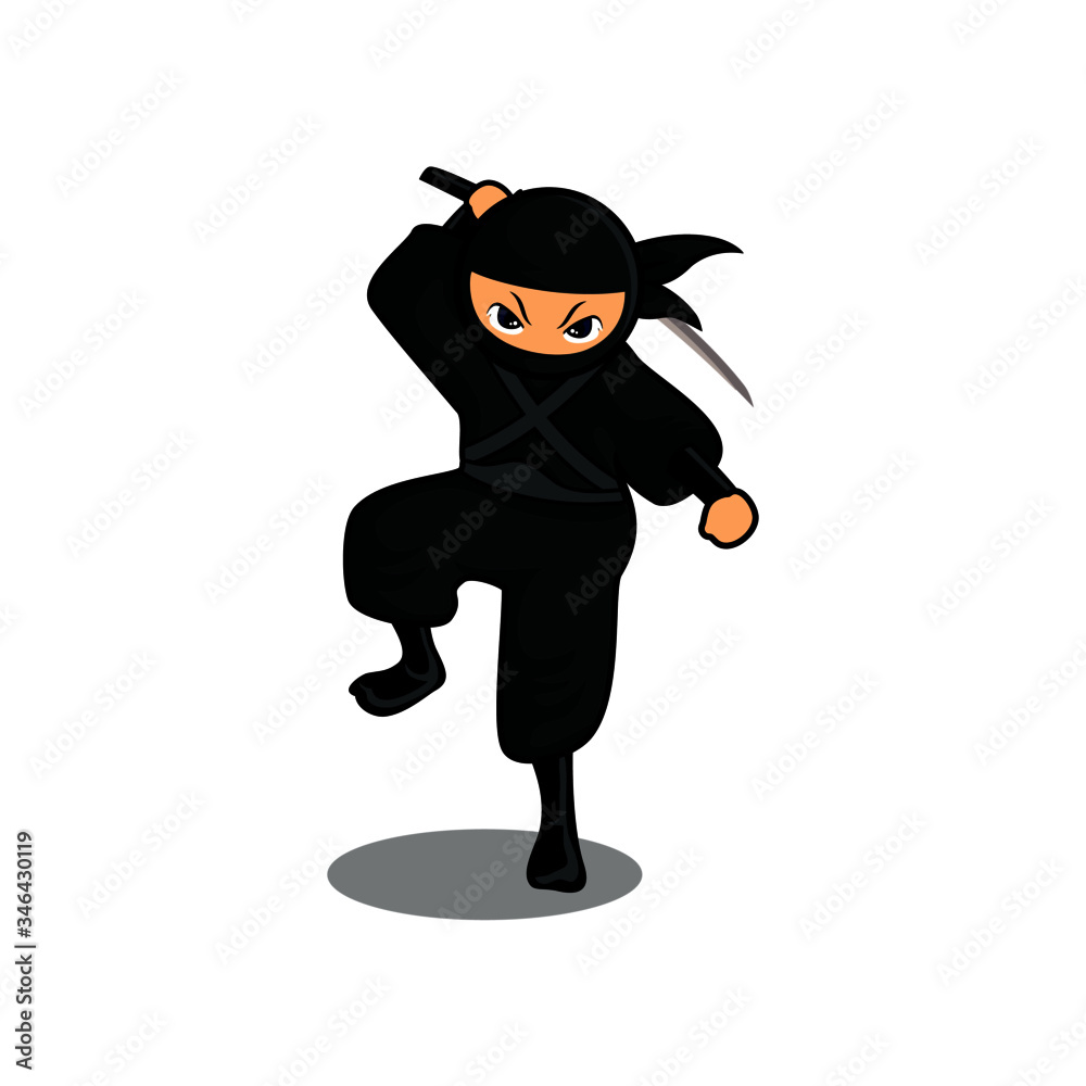 cartoon black ninja mascot stand with one foot Stock Vector | Adobe Stock