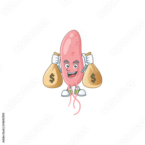 Blissful rich vibrio cholerae cartoon character having money bags