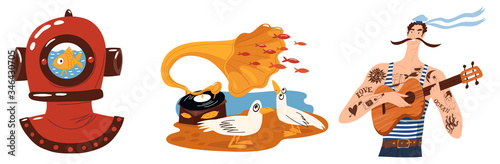 Cartoon print images ocean music theme illustrations.