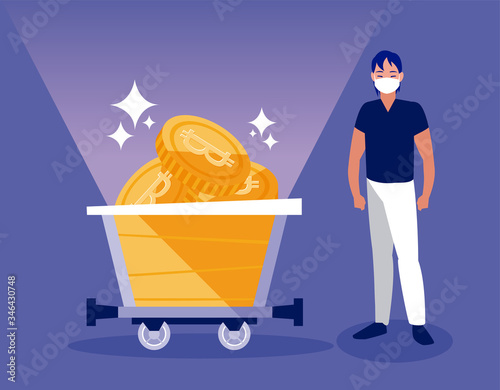 Man with mask and bitcoins inside cart vector design