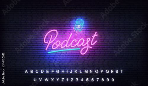 Podcast neon sign. Glowing podcast lettering template