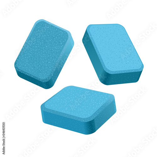 Dishwasher detergent tablet from different angles. Blue soap tabs isolated on white background.