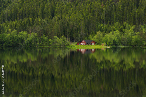 Reflections of forest and lonely red mountain hut in the waters of Vatnevatnet lake in Norway 