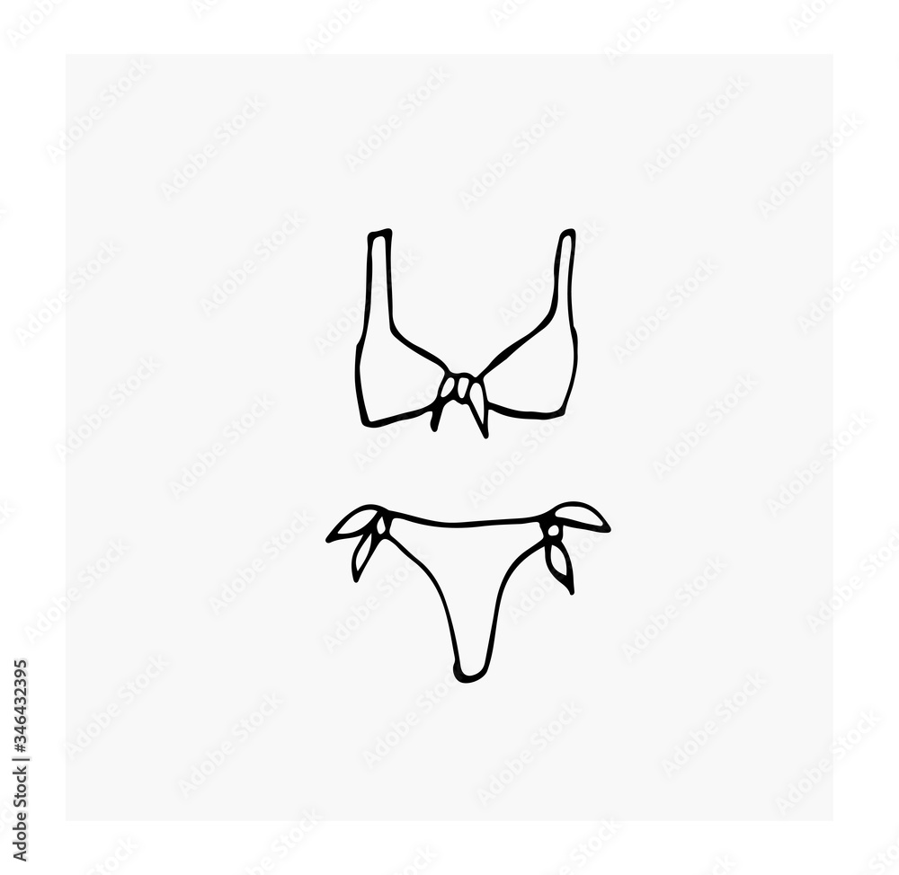 
The bathing suit is separate. Accessories and clothes for the beach. Bra and panties. Vector illustration in doodle style. Isolate on a white background.