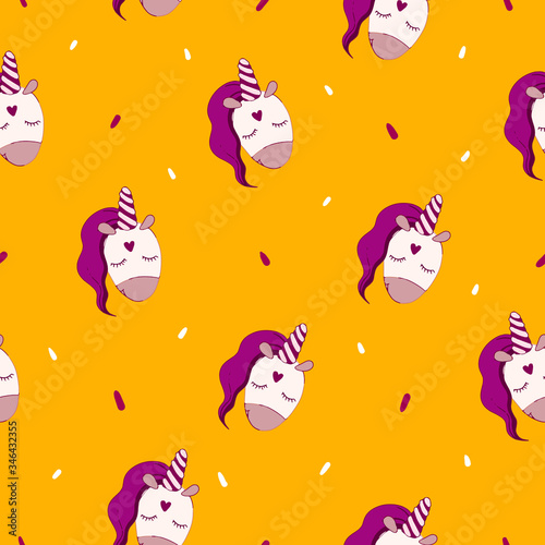 Pattern with unicorns head on a yellow background. Cute cartoon hand-drawn unicorns in purple white colors. Cute funny baby unicorn pattern. Vector stock seamless pattern