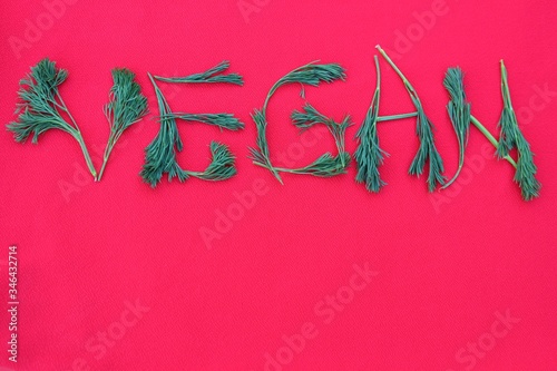 Vegan written from dill and herbs. Concepts for design. The word vegan on a red background, top view. Vegan food concept