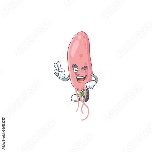 Cheerful vibrio cholerae mascot design with two fingers