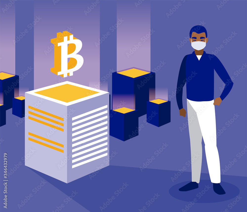 Man with mask and bitcoins boxes vector design Man with mask and bitcoins boxes vector design