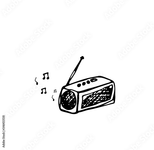 Speaker, speaker for music, old radio. Portable device for listening to music. Retro radio. Vector illustration in doodle style. Isolate on a white background.