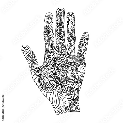  Hand painted mehendi. Coloring book for children and adults. Henna body painting. Vector image in doodle style. Isolate on a white background.
