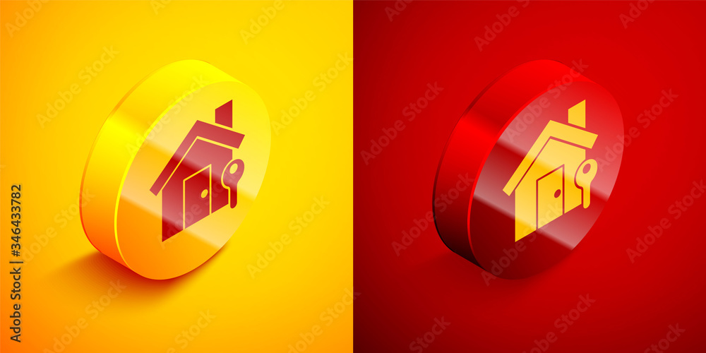 Obraz premium Isometric House with key icon isolated on orange and red background. The concept of the house turnkey. Circle button. Vector Illustration