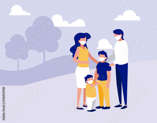 Family with masks at park with trees vector design