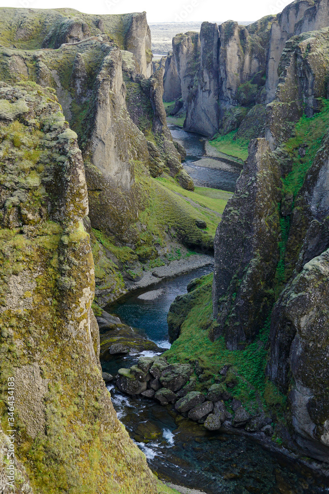 Strange volcanic rock formations in the valley of Fjadrargljufur in Iceland
