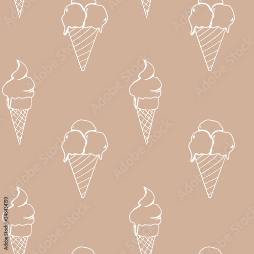 Cute ice cream in a waffle glass on a white background. Outline doodle seamless pattern border. Print for fabrics, stationery, banners, posters, cards, invitation, wrapping paper.