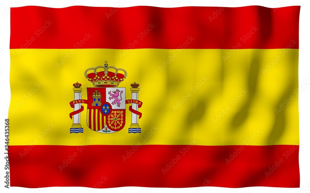 The flag of Spain. Official state symbol of the Kingdom of Spain. Concept: web, sports pages, language courses, travelling, design elements. 3d illustration The flag of Spain. Official state symbol of the Kingdom of Spain. Concept: web, sports pages, language courses, travelling, design elements. 3d illustration