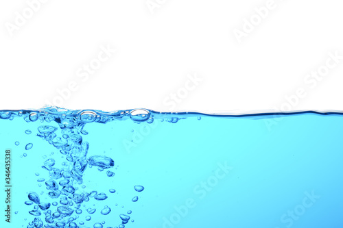 Blue sea water wave with bubbles on white background   drink more water concept 