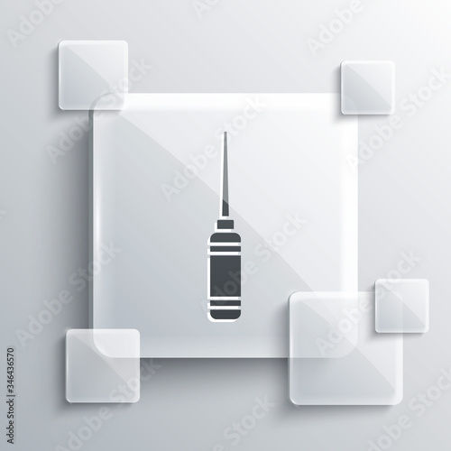 Grey Awl tool with wooden handle icon isolated on grey background. Work equipment tailor industry. Square glass panels. Vector Illustration