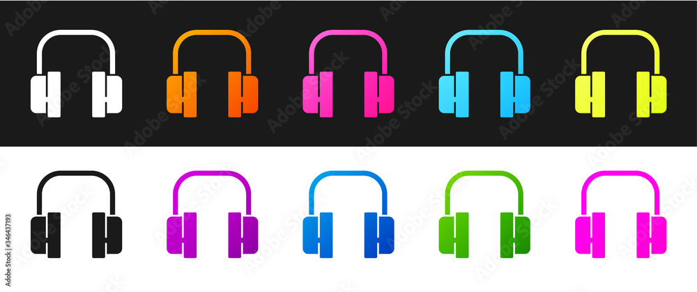 Set Headphones icon isolated on black and white background. Support customer service, hotline, call center, faq, maintenance. Vector Illustration Set Headphones icon isolated on black and white background. Support customer service, hotline, call center, faq, maintenance. Vector Illustration