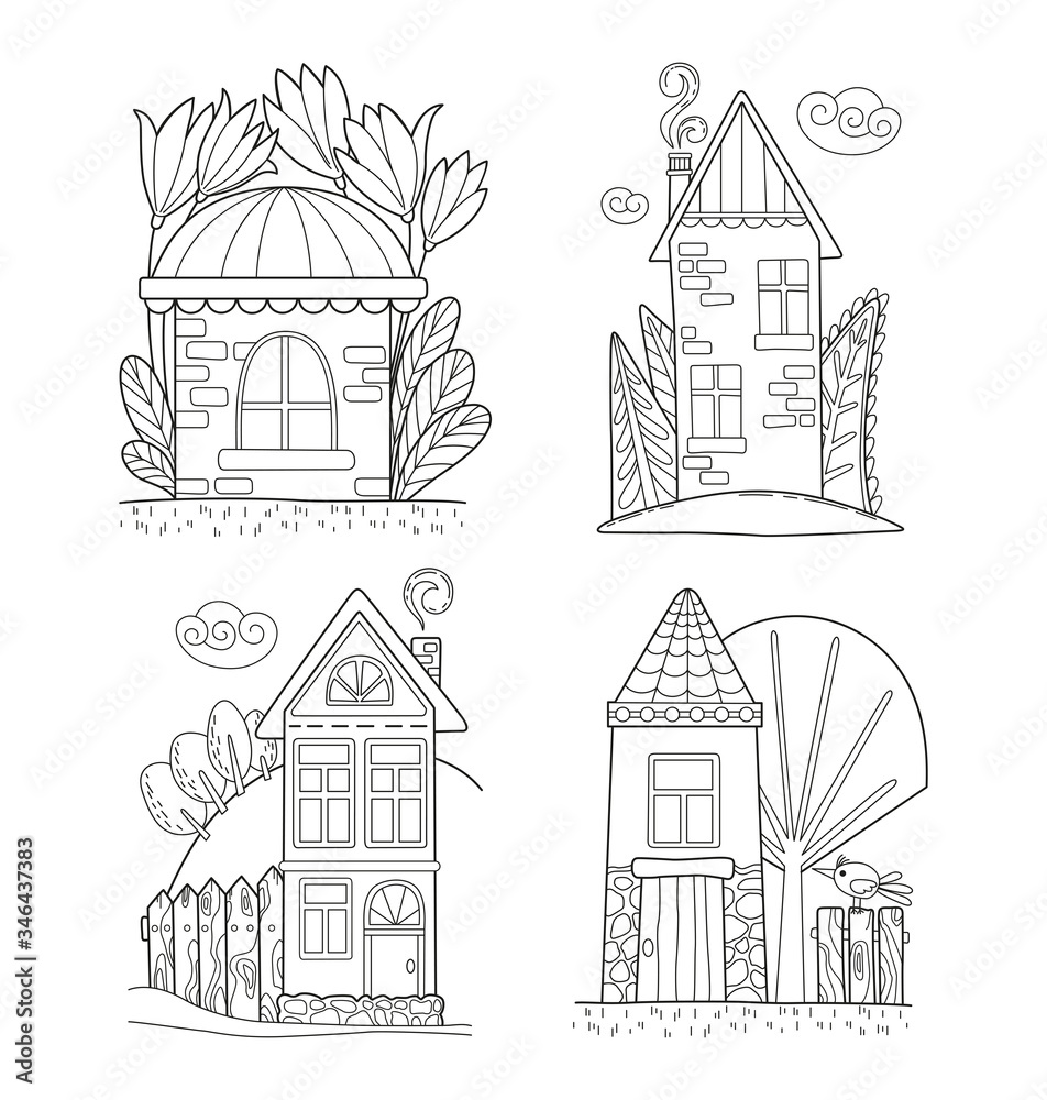 Set of four cartoon coloring page with cute houses. Vector illustration