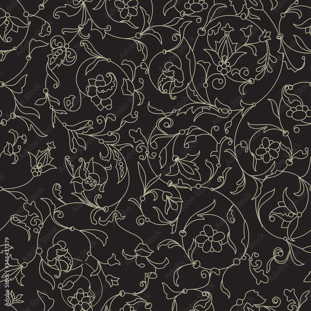 Fototapeta premium Vector floral black seamless texture with white contour flowers. EPS 10 seamless pattern