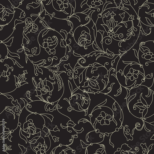 Vector floral black seamless texture with white contour flowers. EPS 10 seamless pattern