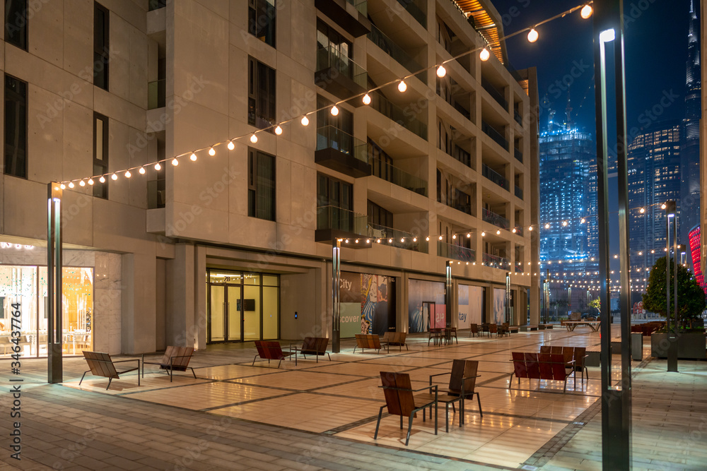 Dubai City Walk streets, outdoor stores, building and cafes at night | Beautiful neighbor hood in Dubai