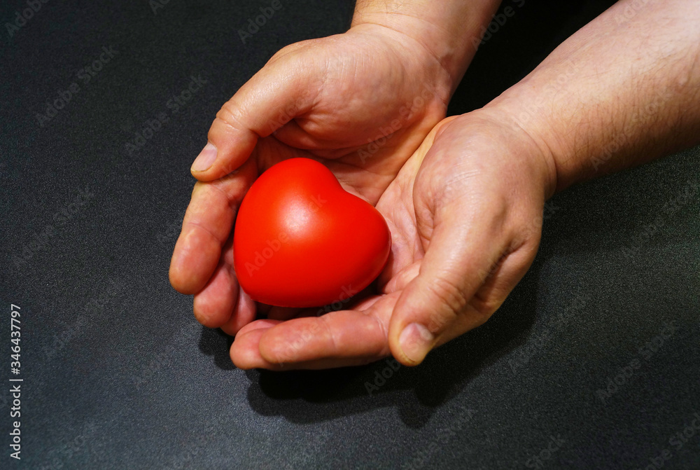 Man's hands with red plastic heart