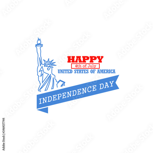 Vector illustration of Independence Day of the United States with silhouette of Liberty Statue line art silhouette and ribbon isolated on white background good for greeting card or poster elements