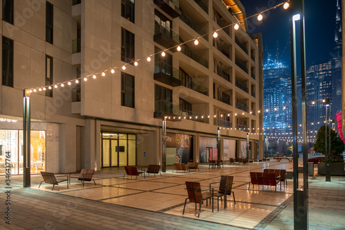Photography Dubai City Walk streets, outdoor stores, building and cafes at night | Beautiful