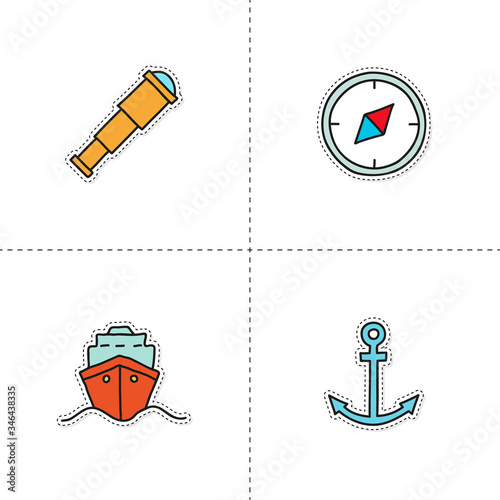 Vector icons of bulk carrier, spyglass, compass, anchor. Travel concept. Hand drawn sticker.