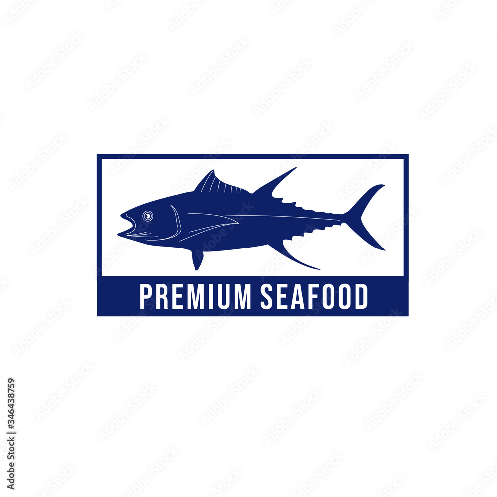 Vector logo illustration of fish silhouette in blue box with text isolated on white background suit for seafood restaurant logo, fish suppliers logo, etc