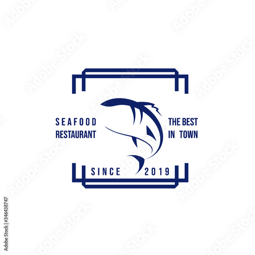 Vector illustration of seafood restaurant logo or fish suppliers logo with fish silhouette in geometric frame with text isolated on white background
