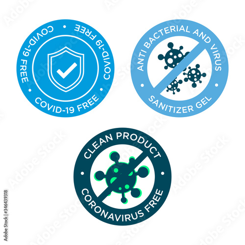 Coronavirus free icon set. Round symbols for disinfected areas, surfaces or products of covid-19.