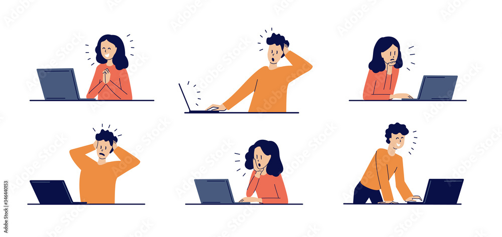 Set of modern isolated vector illustrations in flat style. Man and woman watching news. Happy, smiling, surprised, upset, frightened young people. Social network. Working on laptop at home.