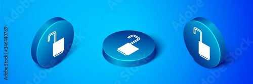 Isometric Open padlock icon isolated on blue background. Opened lock sign. Cyber security concept. Digital data protection. Blue circle button. Vector Illustration