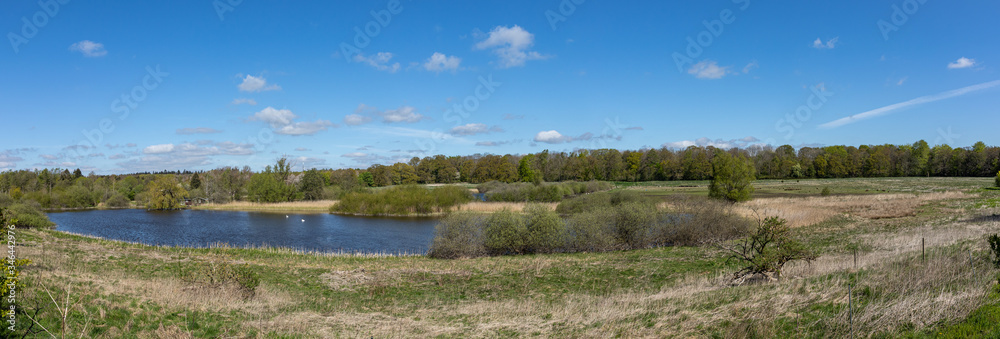 Lake with blue sky and clouds panorama