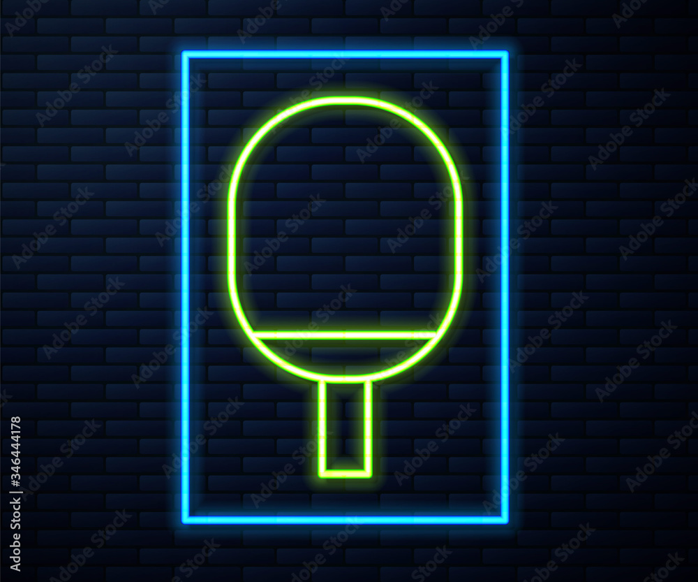 Glowing neon line Racket for playing table tennis icon isolated on brick wall background. Vector Illustration Glowing neon line Racket for playing table tennis icon isolated on brick wall background. Vector Illustration