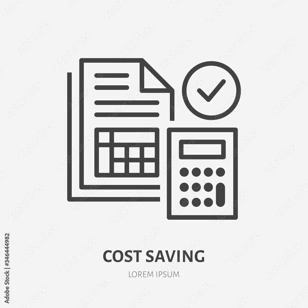 Cost saving line icon, vector pictogram of price list. Tax optimization illustration, sign for financial business