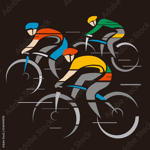 Three road cyclists, competition.
 Stylized colorful drawing of cyclists at full speed. Isolated on black background. Vector available.
