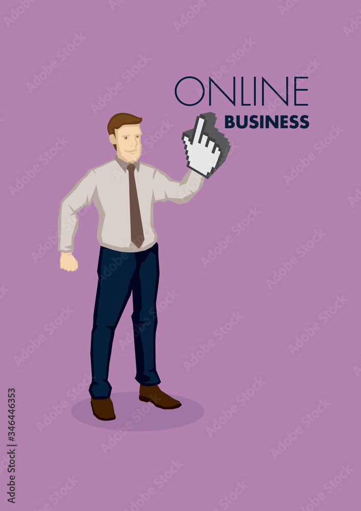 Businessman with Digital Finger Click Symbol for Vector Cartoon Illustration Online Business Concept