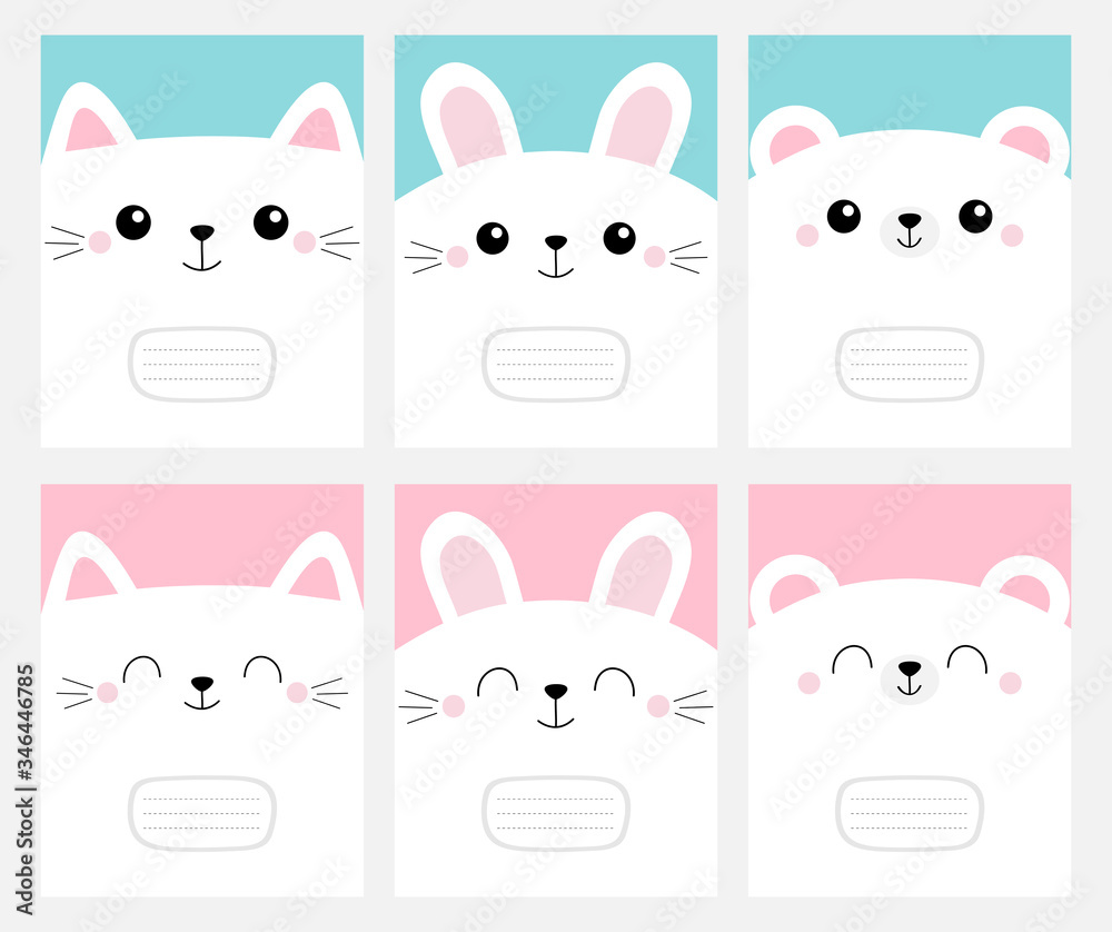 Notebook cover Composition book template. White cat rabbit bunny, bear