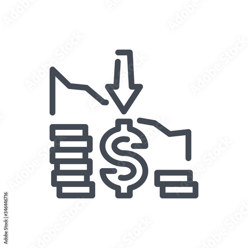 Price reduction with Dollar, Arrow down and Stack of coins line icon. Financial recession vector outline sign.