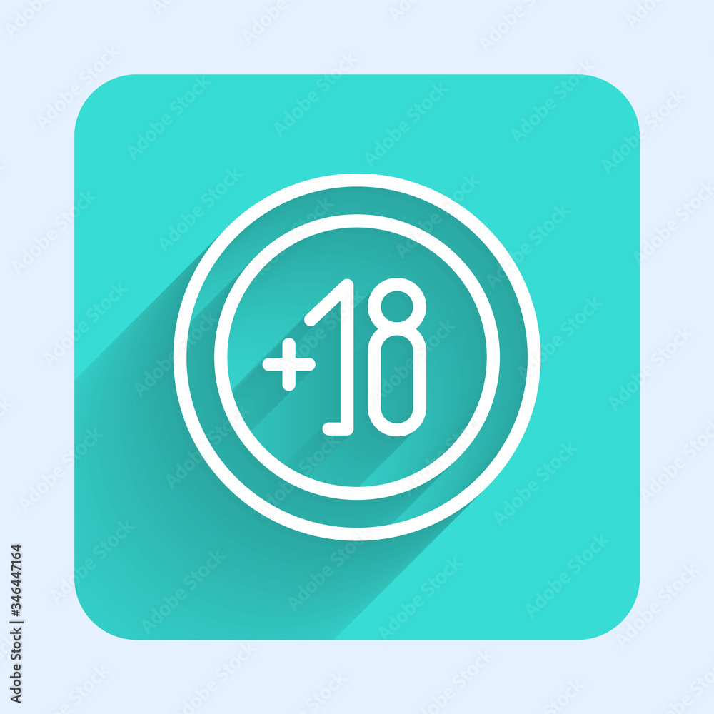 White line Alcohol 18 plus icon isolated with long shadow. Prohibiting alcohol beverages. Green square button. Vector Illustration White line Alcohol 18 plus icon isolated with long shadow. Prohibiting alcohol beverages. Green square button. Vector Illustration