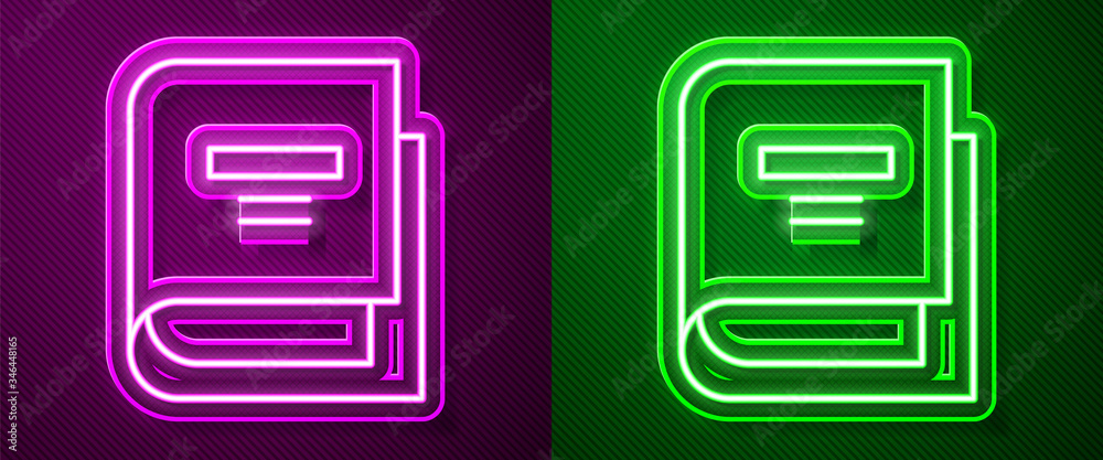 Glowing neon line Book icon isolated on purple and green background. Vector Illustration