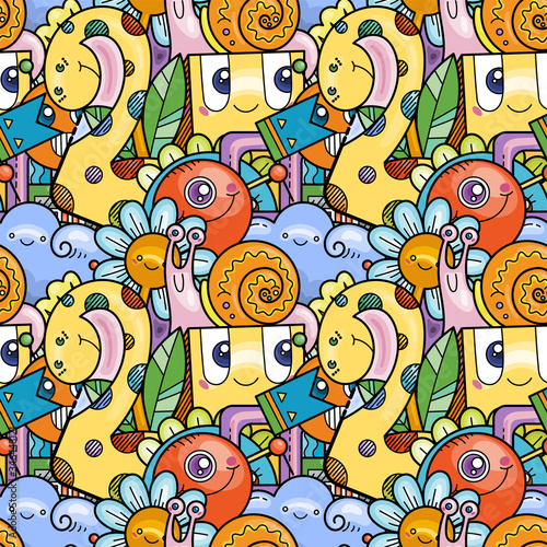 Kawaii seamless pattern doodle monsters cute and fun variety of colors animals