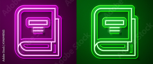 Glowing neon line Book icon isolated on purple and green background. Vector Illustration