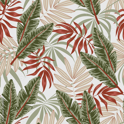 Fototapeta Naklejka Na Ścianę i Meble -  Summer seamless tropical pattern with leaves and plants on light background. Floral tropical pattern with leaves, jungle leaf. Exotic wallpaper, Hawaiian style. Vector background for various surface.