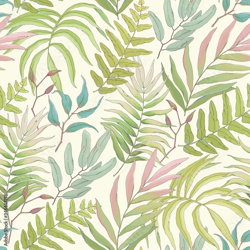 Seamless floral pattern with tropical leaves and branches, vector illustration on beige background.