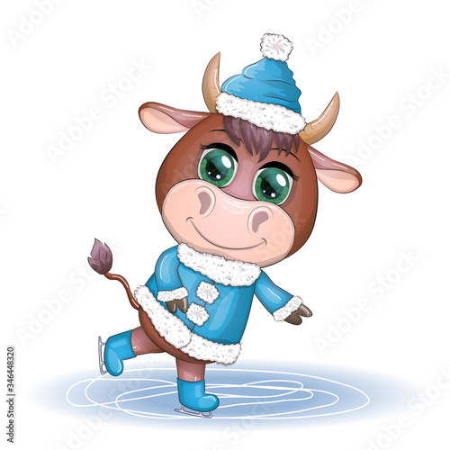 Cow on skates flat vector animal, lovely cow skating, brown cow making winter sport, outdoor winter activity