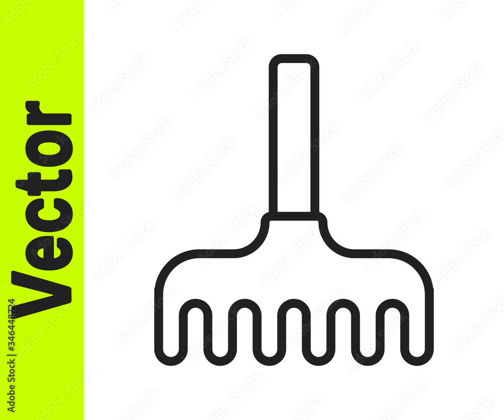 Black line Garden rake icon isolated on white background. Tool for horticulture, agriculture, farming. Ground cultivator. Vector Illustration Black line Garden rake icon isolated on white background. Tool for horticulture, agriculture, farming. Ground cultivator. Vector Illustration